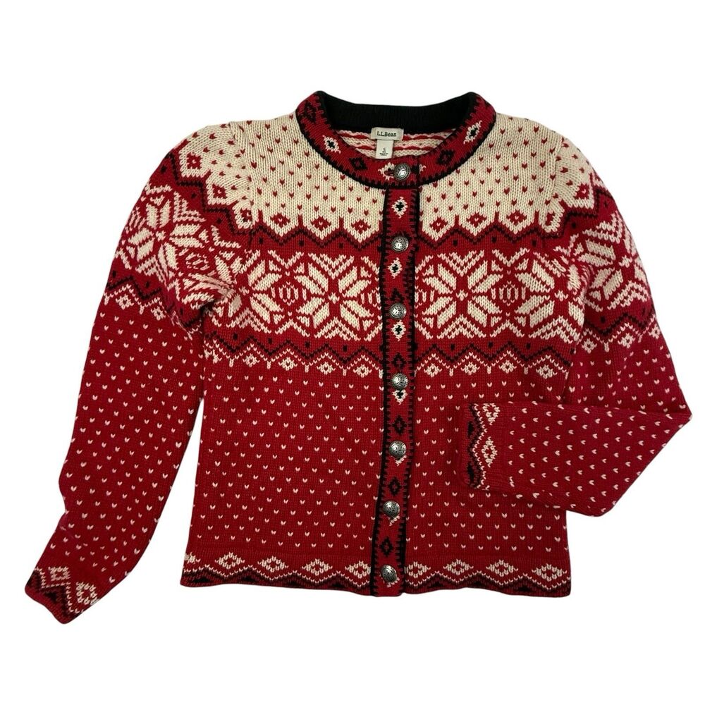 LL Bean Fair Isle Cardigan Sweater Small Lambswool Snowflake Nordic Gorpcore